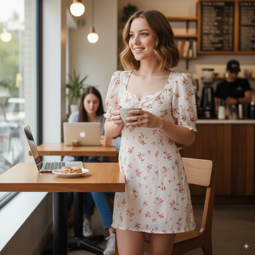 J.ING Jing Nude with Floral Print Short Sleeve Mini Dress Size M NWT